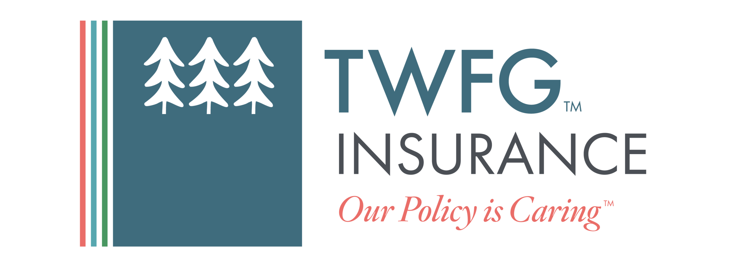 TWFG Insurance logo with three white pine trees and tagline 'Our Policy is Caring
