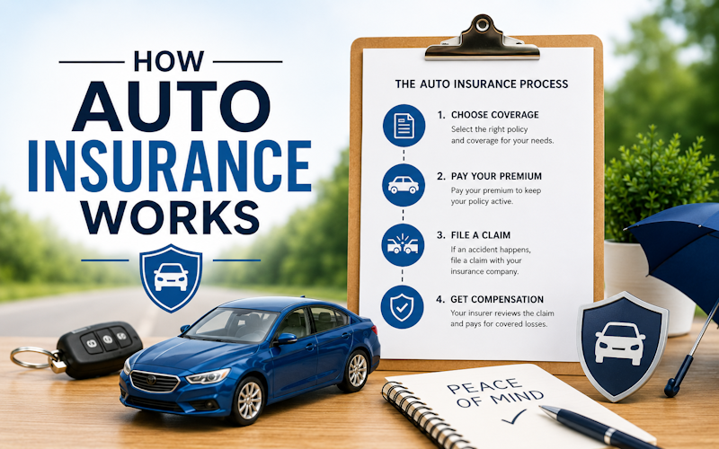 How auto insurance works infographic showing four steps: choose coverage, pay premium, file claim, get compensation