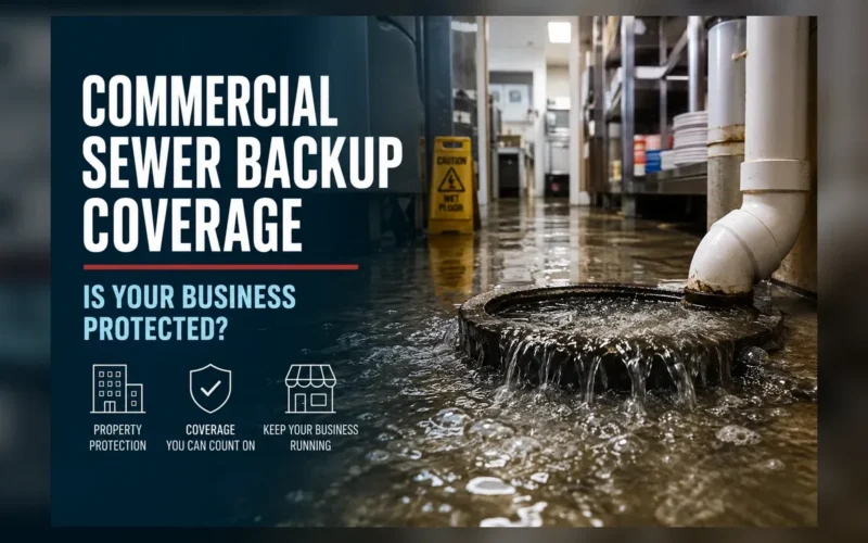 Commercial sewer backup in flooded basement with warning sign and white drainage pipe