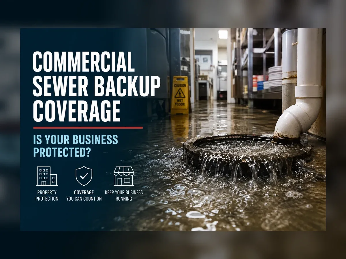 Commercial sewer backup in flooded basement with warning sign and white drainage pipe