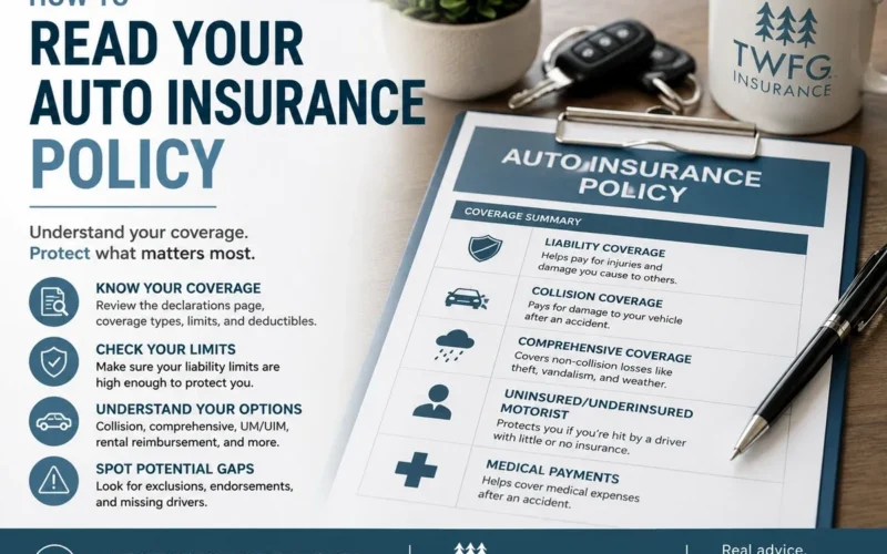 Auto insurance policy document showing coverage summary including liability, collision, comprehensive, uninsured motorist, an