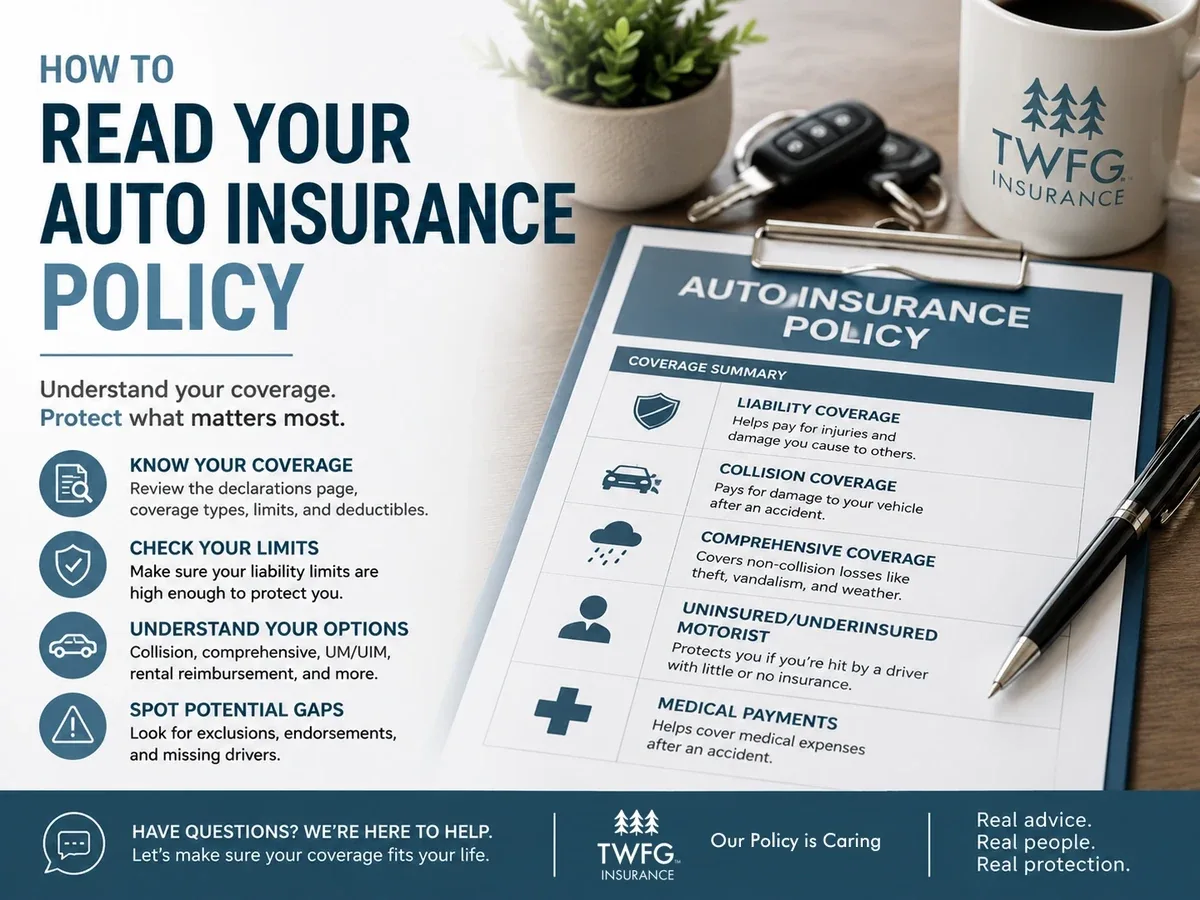 Auto insurance policy document showing coverage summary including liability, collision, comprehensive, uninsured motorist, an