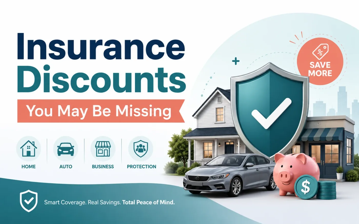 Insurance discounts illustration showing home, auto, business and protection icons with a house, car, piggy bank and shield