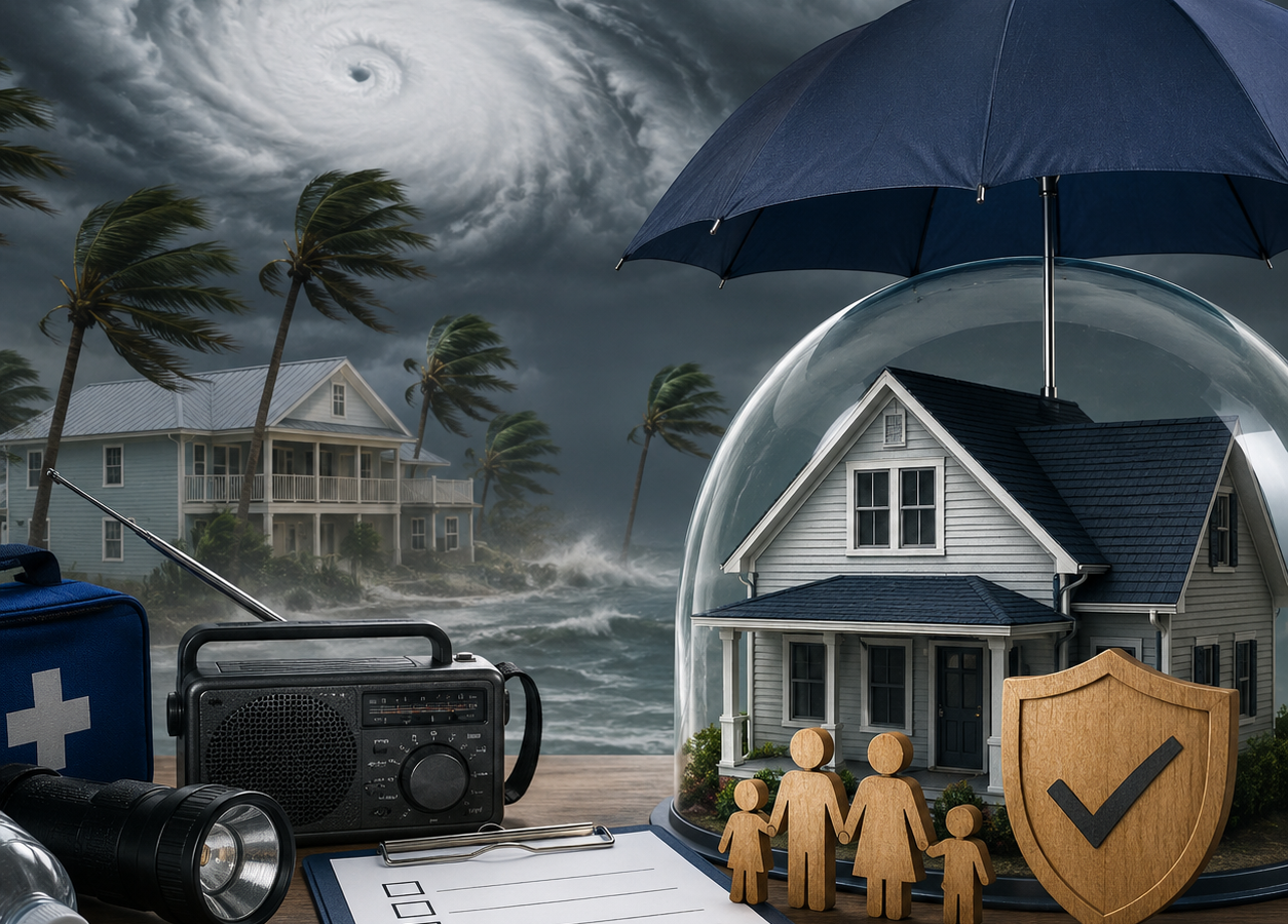 Hurricane preparation supplies including umbrella, radio, flashlight, first aid kit, checklist, and family figures with prote