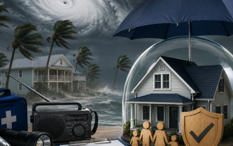 Hurricane preparation supplies including umbrella, radio, flashlight, first aid kit, checklist, and family figures with prote